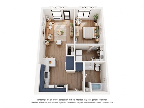 a stylized floor plan with a bedroom and living room